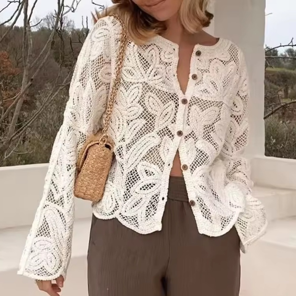 Floral Crochet Top long sleeve button up Crochet cream khaki Beige beach summer - Picture 2 of 5